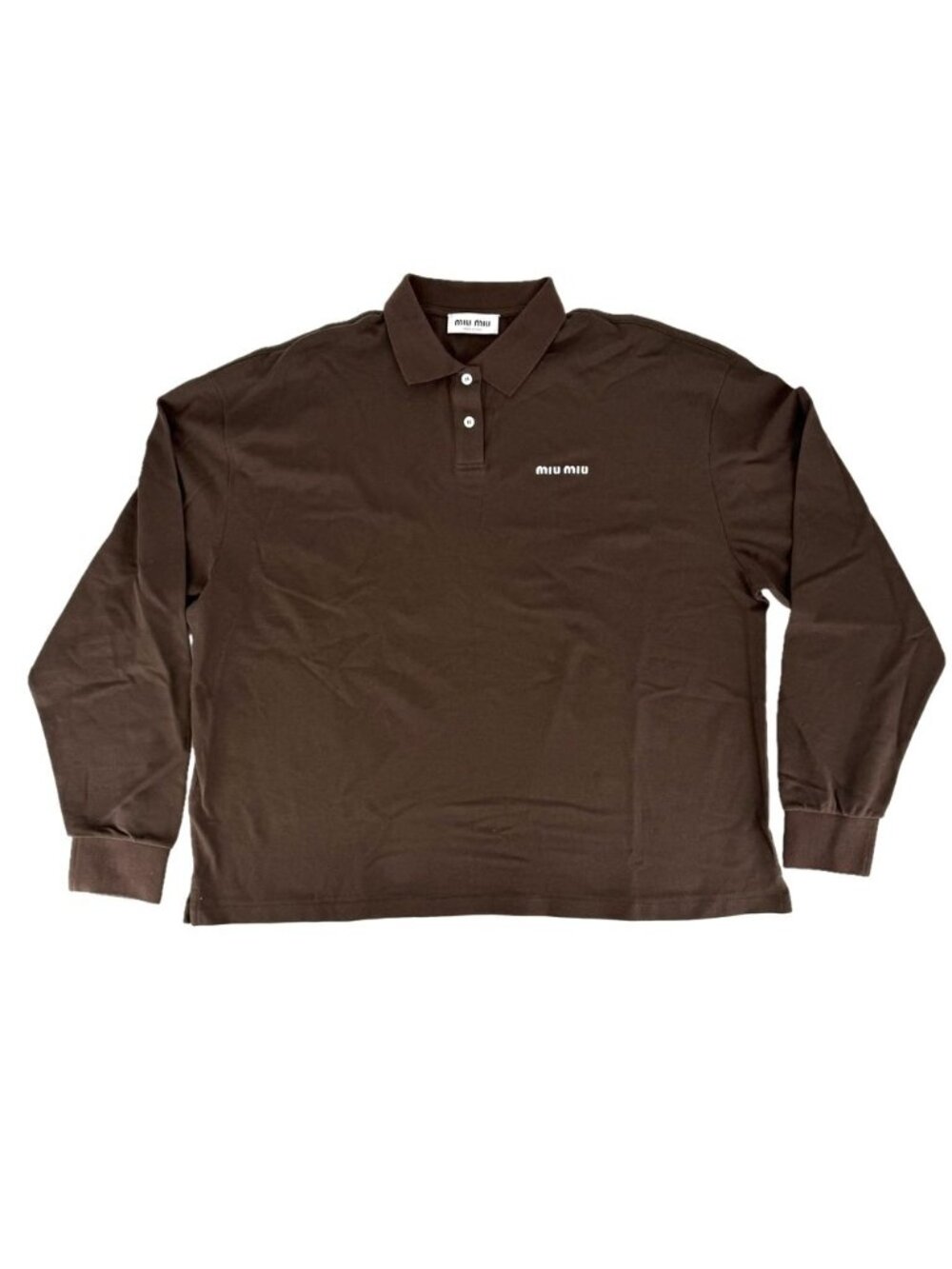 Miu Miu Polo Shirt Cotton Pique Long Sleeve Top Brown White Spring Autumn